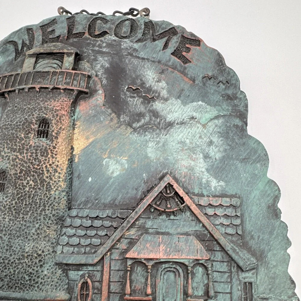 Vintage Welcome Lighthouse Wall Plaque Nautical Coastal Resin Verdigris Decor